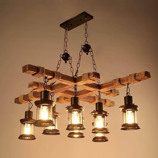 Vintage Wood Glass Chandelier