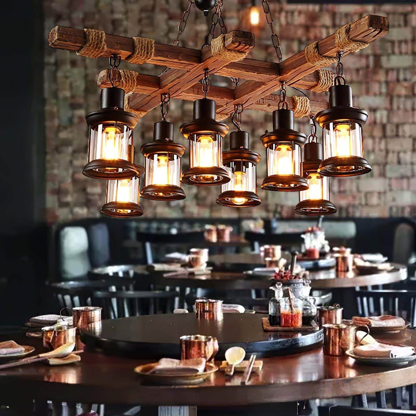 Vintage Wood Glass Chandelier