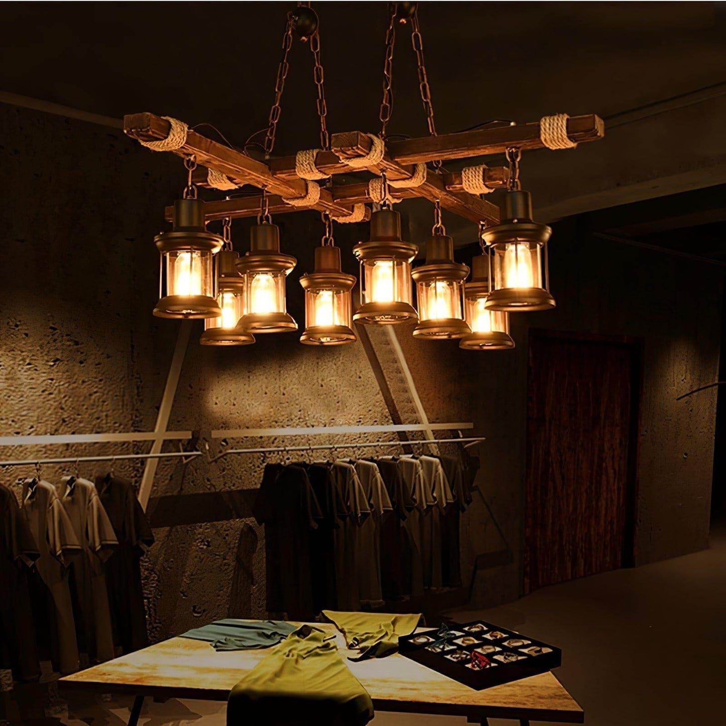 Vintage Wood Glass Chandelier