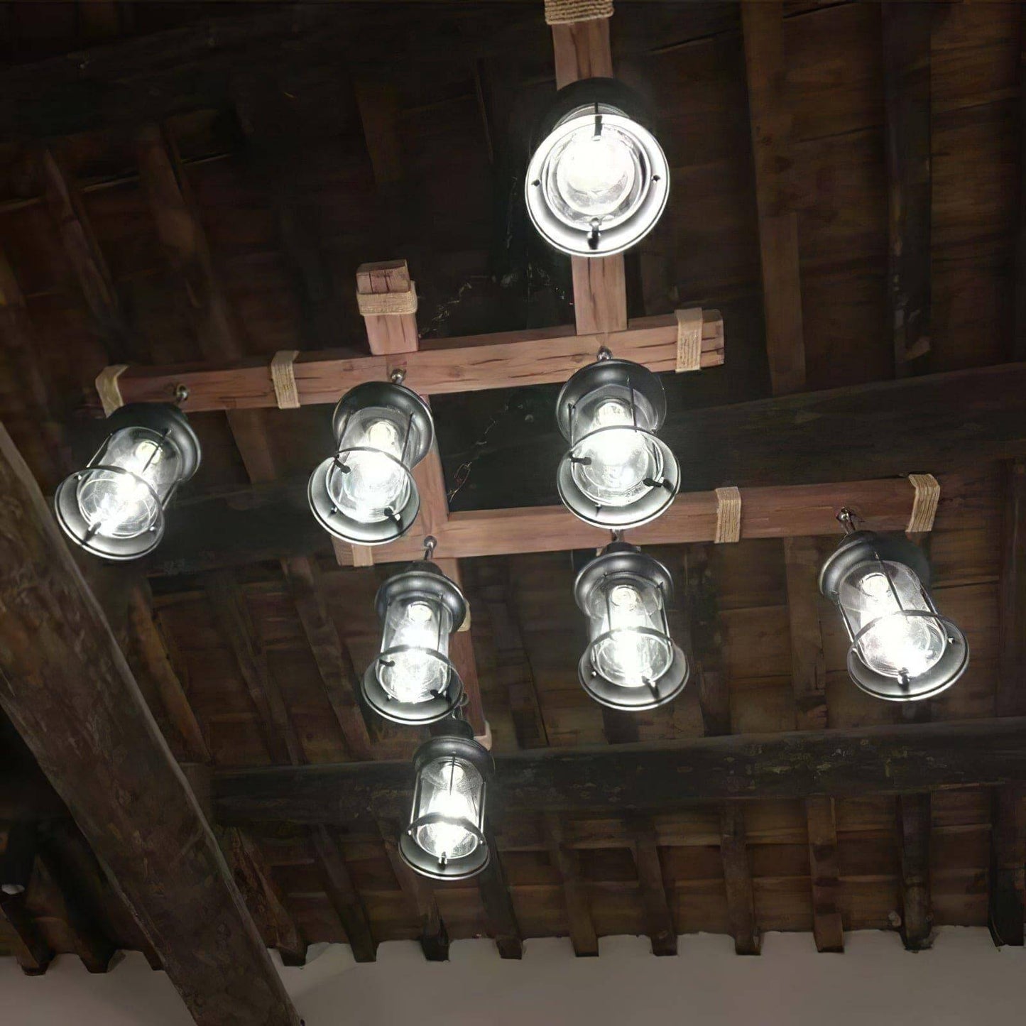 Vintage Wood Glass Chandelier